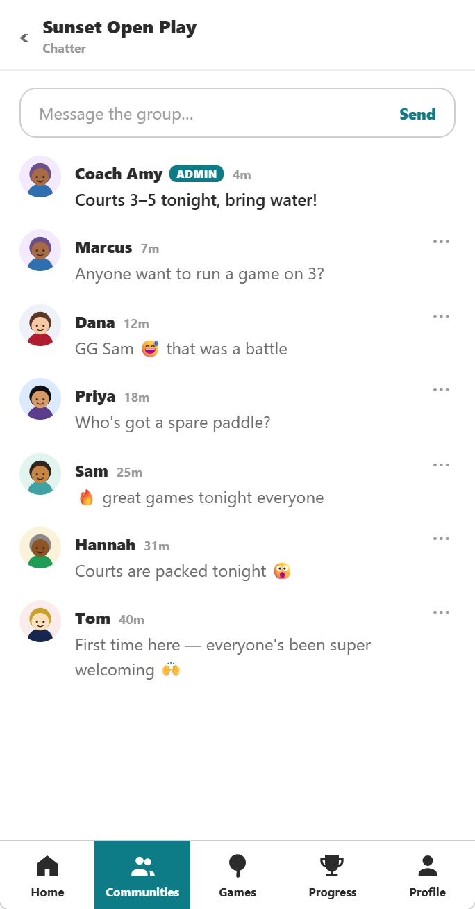 A group chatter thread: players and a coach talking between sessions.