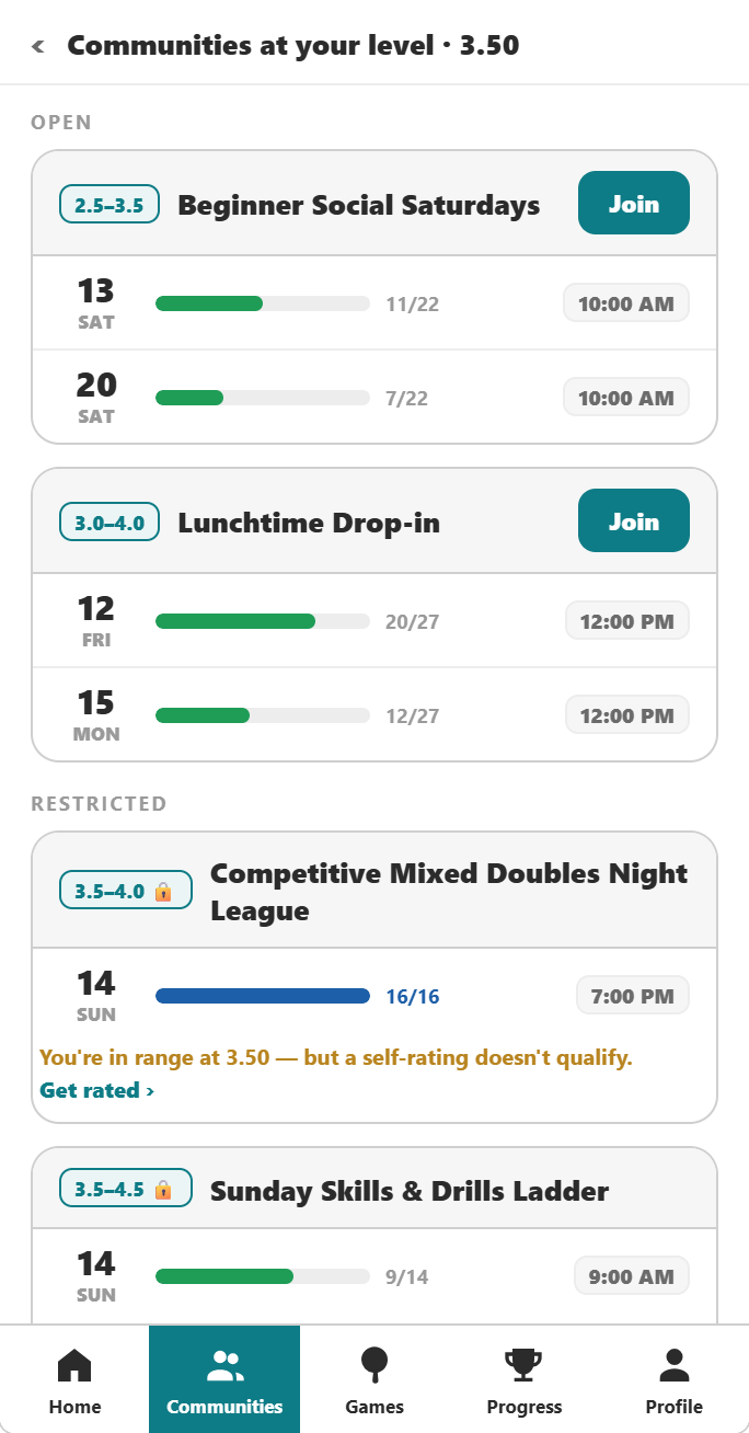 Browsing communities at your level: open groups to join and level-restricted leagues.