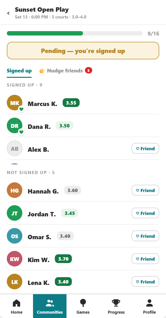 A session page listing who has signed up, with a button to nudge friends.