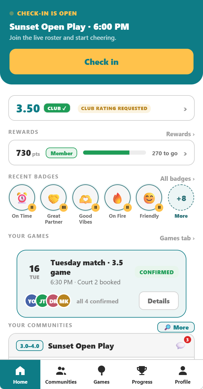 The club's home screen in PqlPlay: check in to tonight's open play, your rating, rewards and badges.